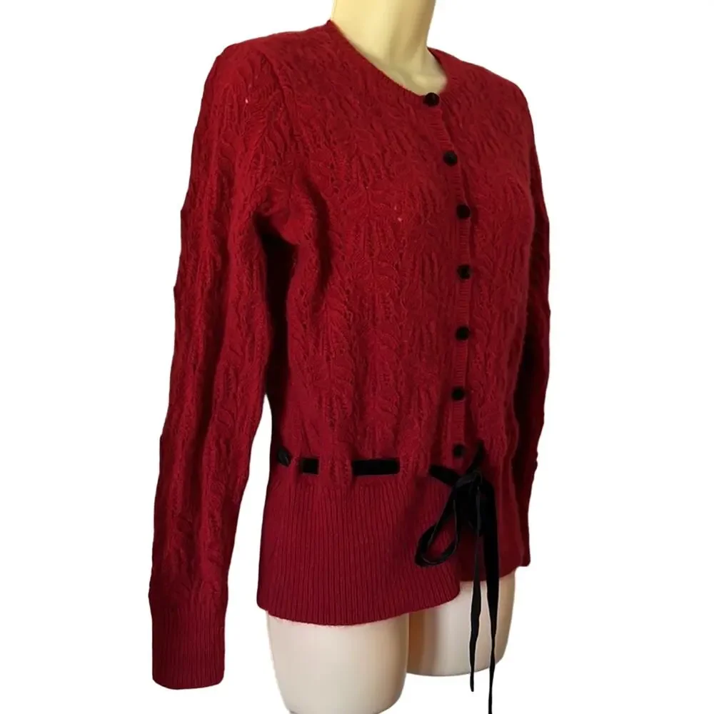 Sarah Spencer M Red Knit Cardigan Sweater with Black Velvet Ribbon and Buttons